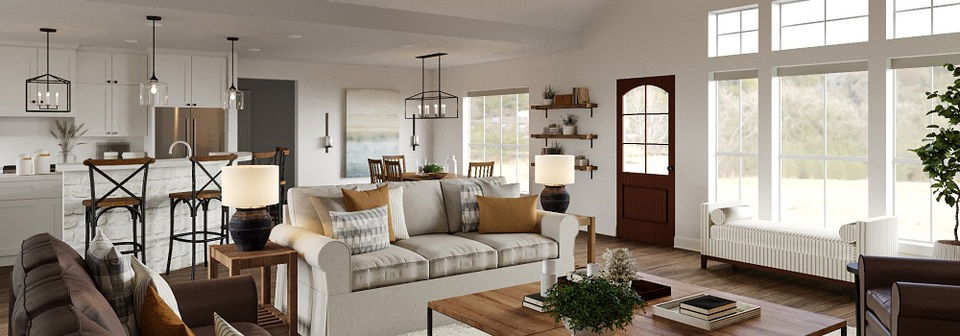 Modern Farmhouse Living & Dining Room Design- After Rendering