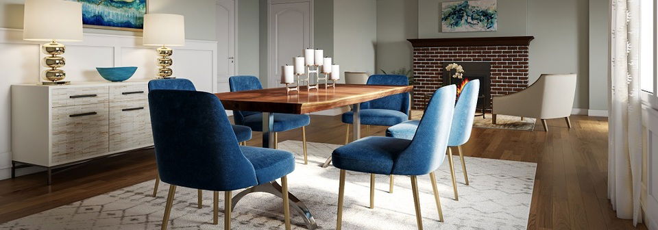 Sala/Comedor Contemporáneo con Acentos Azules - Foto Después de Renderizado