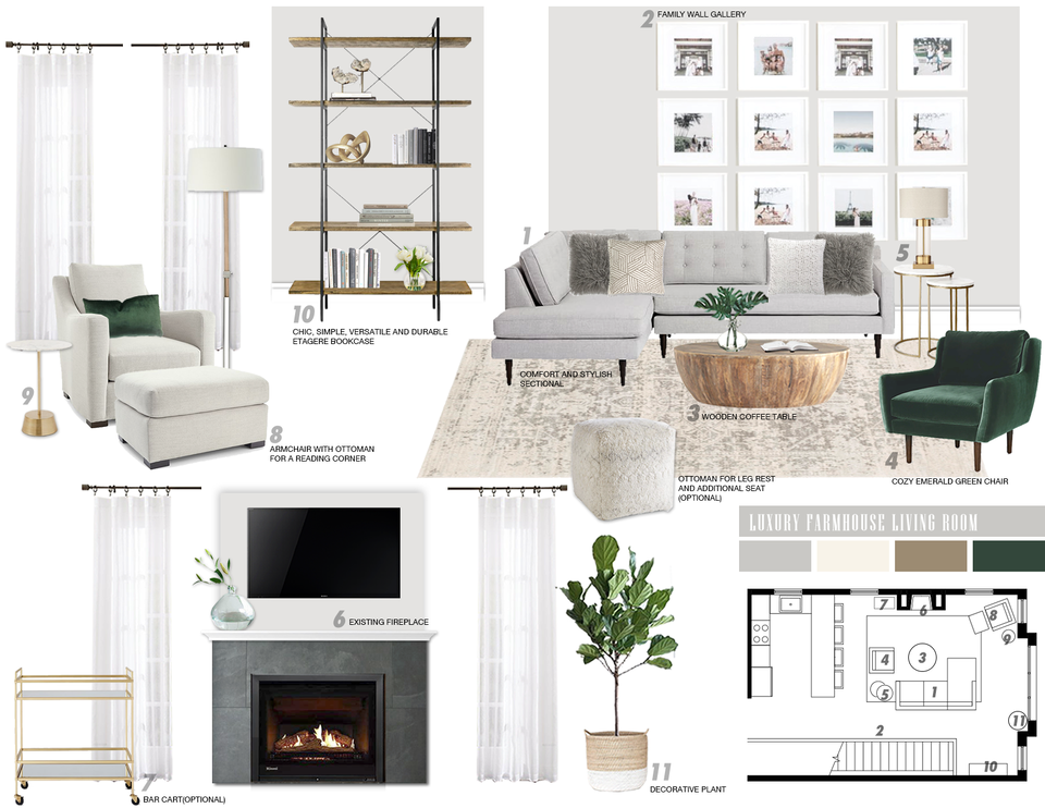 Diseño de sala de estar con acento verde esmeralda Picharat A. Moodboard 2