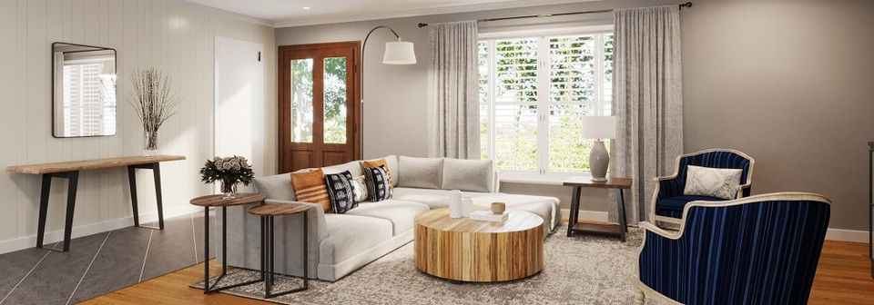 Sala Colorida con Paredes de Paneles de Madera - Renderizado Después