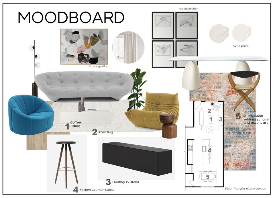Diseño de Interiores de Estilo Contemporáneo Aireado para Salón y Comedor - Tablero de Inspiración 2 de Marine H.