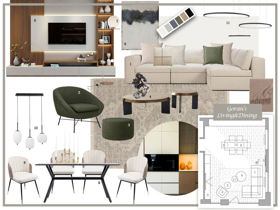 Diseño de sala de estar y comedor combinado en condominio Dragana V. Moodboard 1 thumb