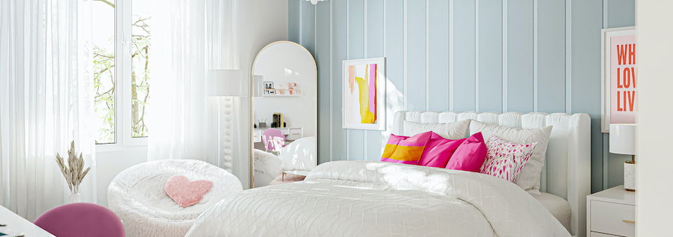 Girly Neutral Bedroom with Pops of Pink- After Rendering