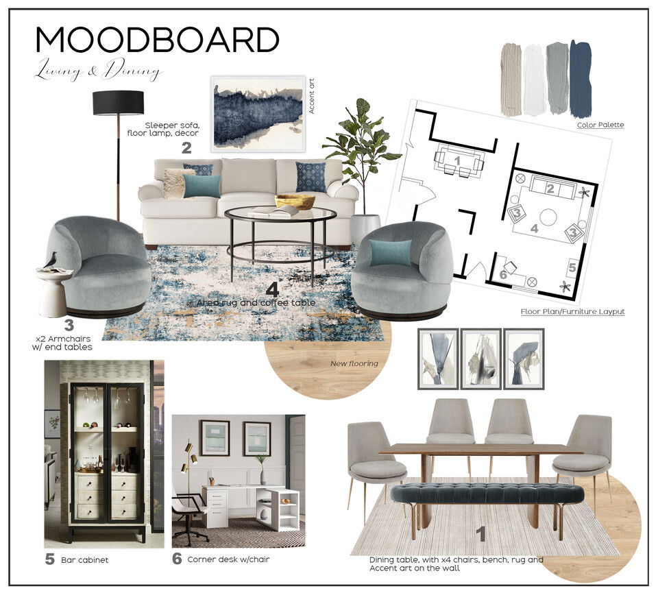Diseño de interiores de casa de transición con acento azul Marine H. Moodboard 2 miniatura