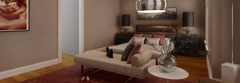 Diseño de interiores moderno de dormitorio principal - Renderizado después