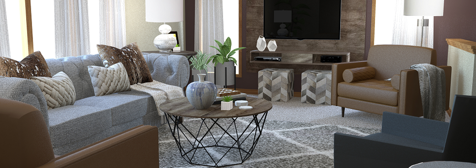 Transitional Living Room in Brown and Grey- After Rendering