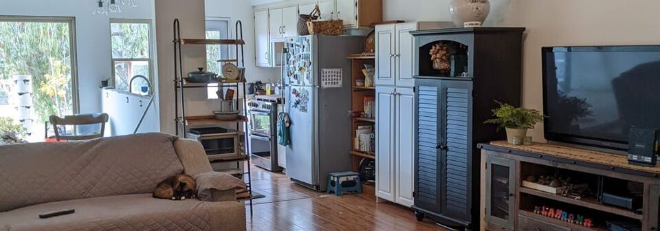 Transitional Open Plan Living/Dining/Kitchen- Before Photo