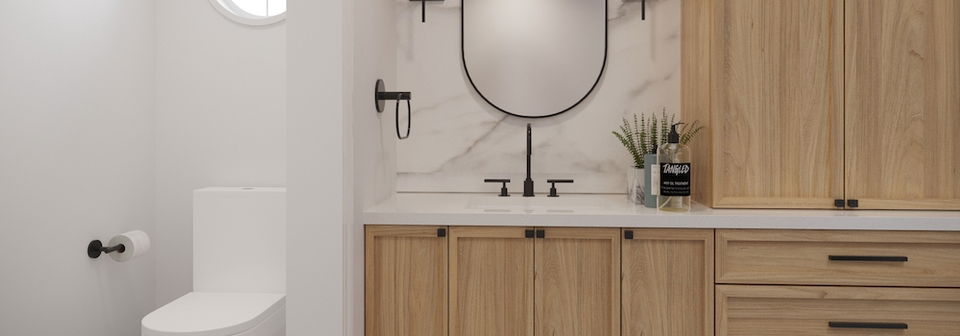 Neutral Bathroom Makeover with Stylish Wood- After Rendering