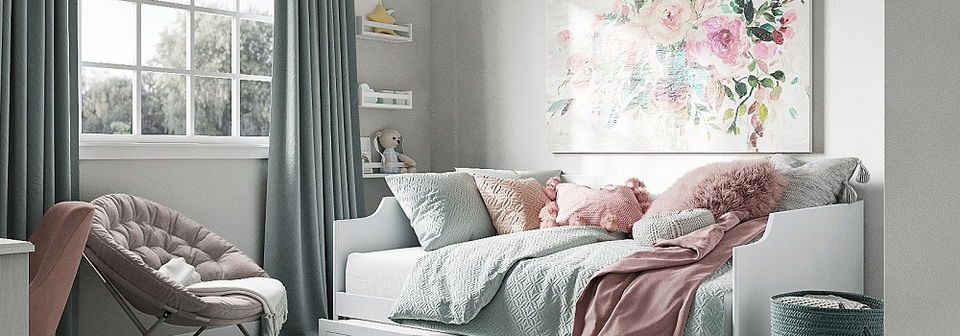 Pastel Blue and Dusty Rose Bedroom for Kids - After Rendering