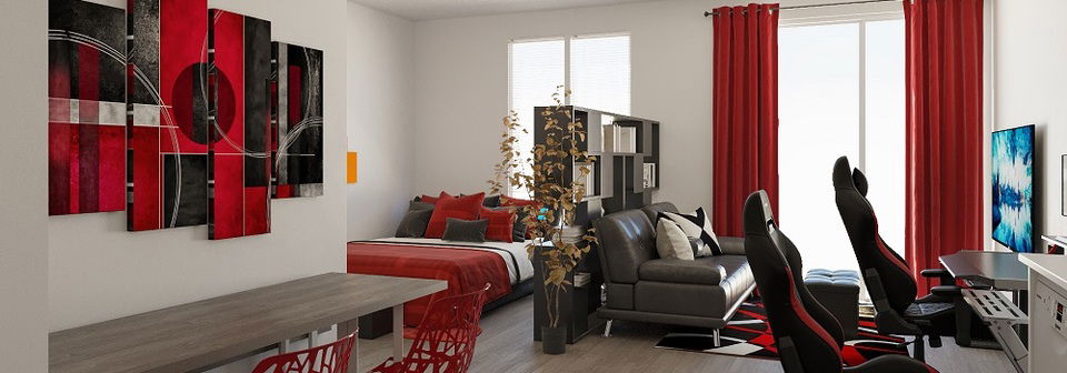 Black & Red Modern Studio Apartment Design- After Rendering