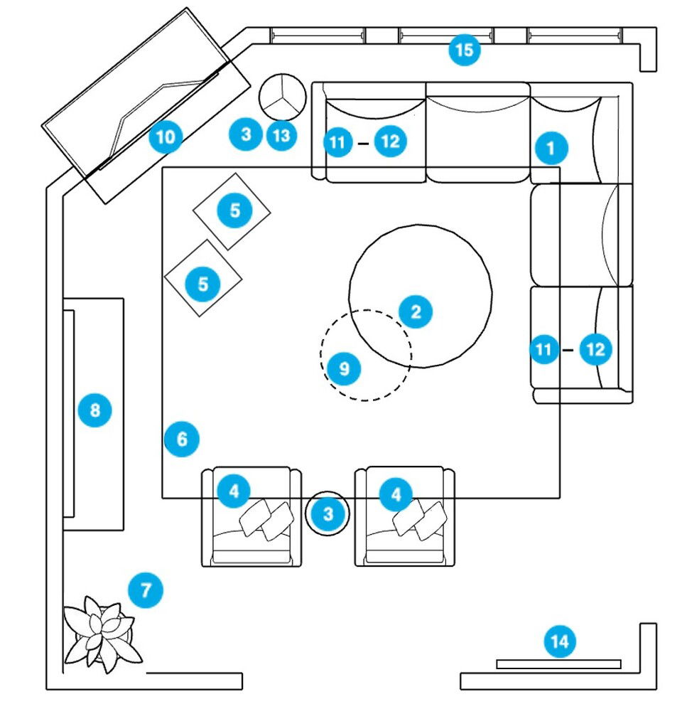 Plano de planta de sala de estar en línea