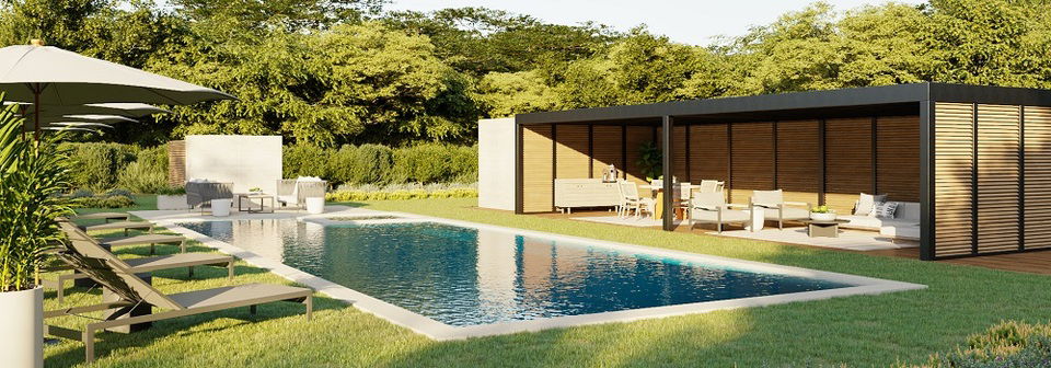 Modern Pergola Patio with Swimming Pool by interior designers in Providence, Rhode Island