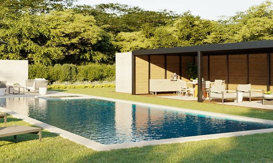 Modern Pergola Patio with Swimming Pool by top Providence interior designers