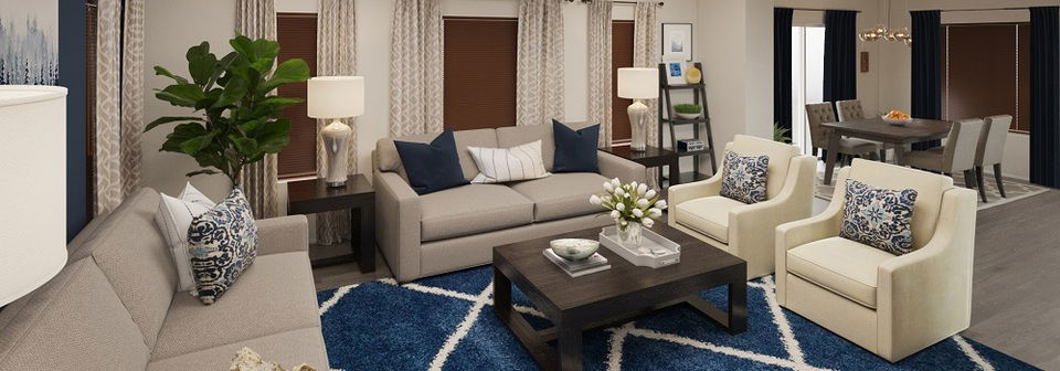 Transitional Combined Living/Dining With Blue Accents- After Rendering