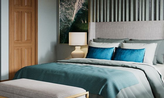 Blue and Green Modern Master Bedroom Design by interior designers in Eugene, Oregon