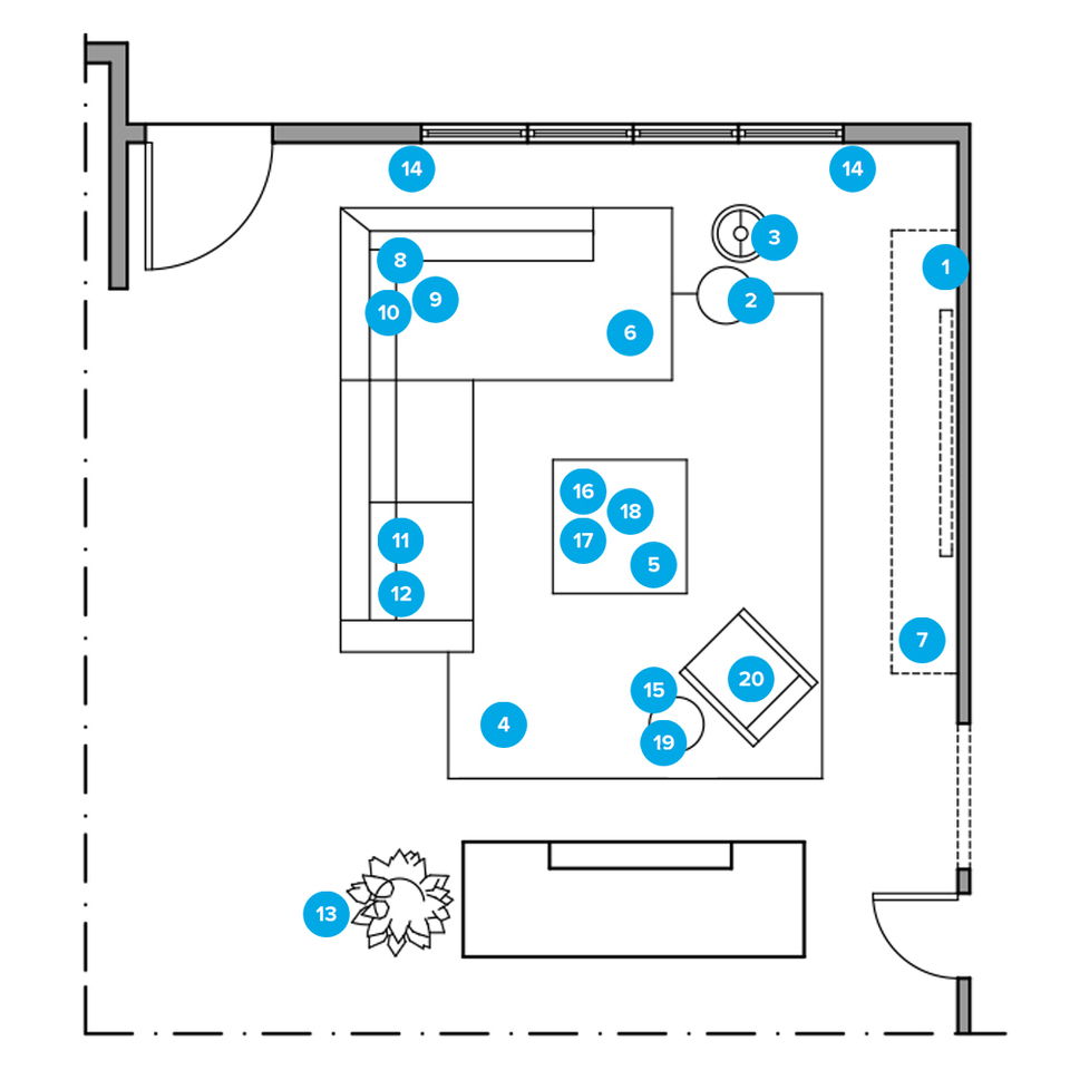 Plano de planta de sala de estar en línea