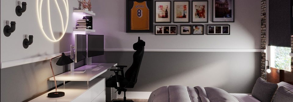 Industrial Teen Boy Room with Basketball Accents- After Rendering