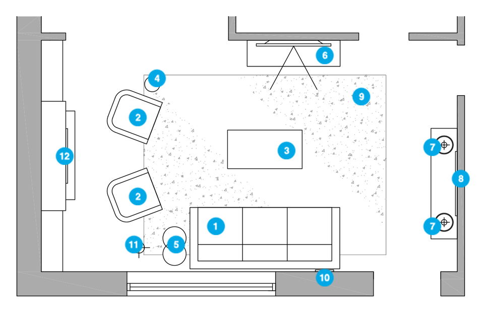 Plano de planta de sala de estar en línea