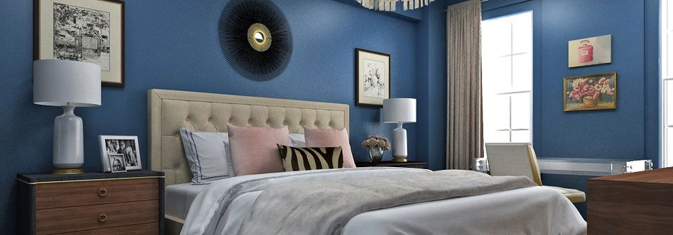 Diseño de Interiores Transicional del Dormitorio Azul - Renderizado del Después