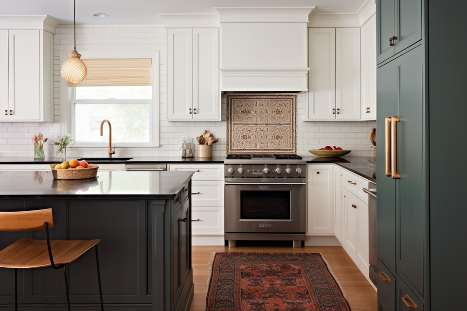 White Transitional Kitchen Design with Contrasting Countertops