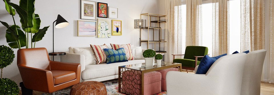 Comfy Eclectic Living Room Interior Design- After Rendering