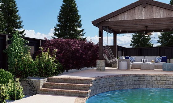 Relaxing Poolside Patio Decor with Wooden Gazebo 