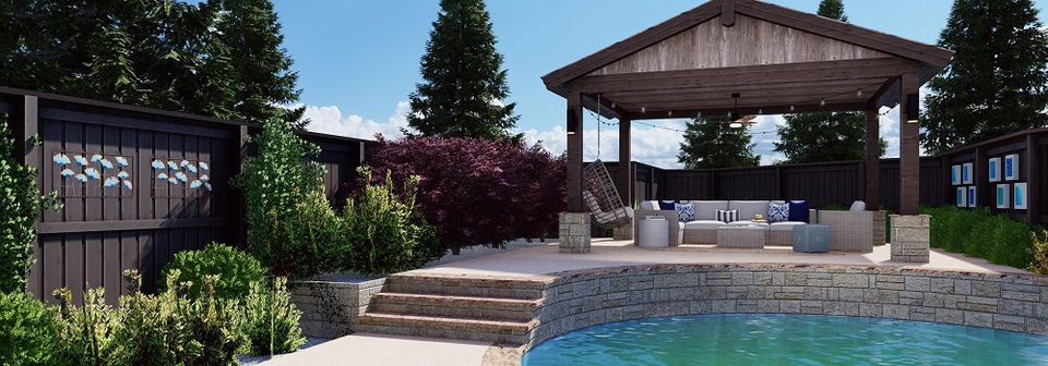 Relaxing Poolside Patio Decor with Wooden Gazebo 