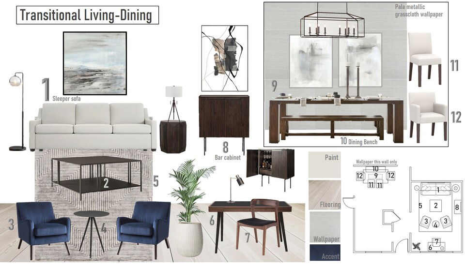 Diseño de interiores de casa de transición con acento azul Wanda P. Moodboard 1 miniatura