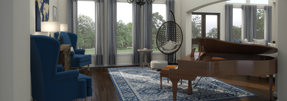 Sala de estar con acentos azules transicionales - Renderizado después