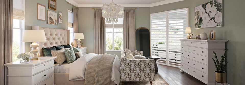 Glam Master Bedroom with Seating Area by affordable Gainesville interior designers