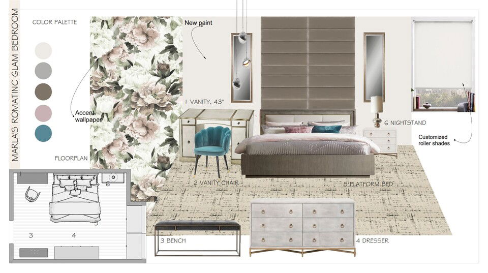 Romantic Feminine Bedroom Interior Design Bojan V. Moodboard 2 thumb