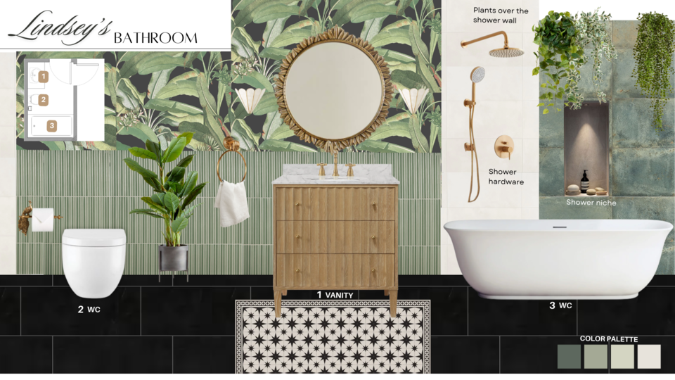 Moodboard 1 de Nora B. para remodelación de dormitorio y baño en tonos tierra modernos