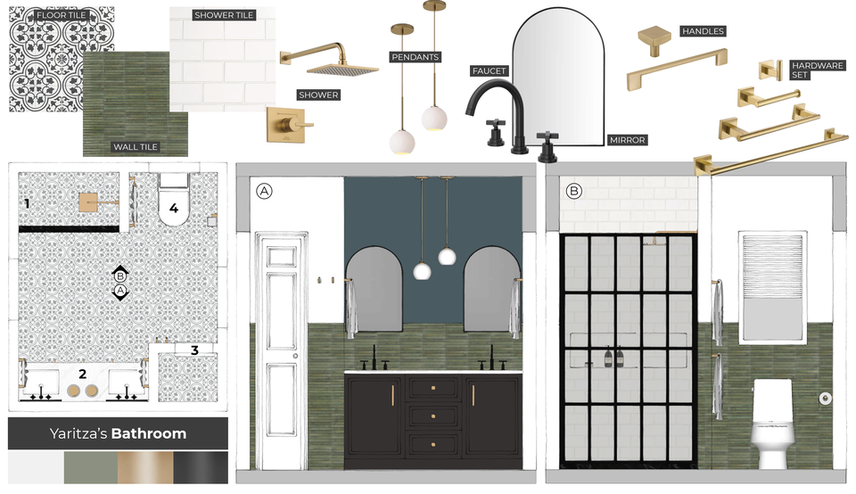 Diseño de baño moderno de azulejos verdes y blancos Carine C. Moodboard 1 thumb