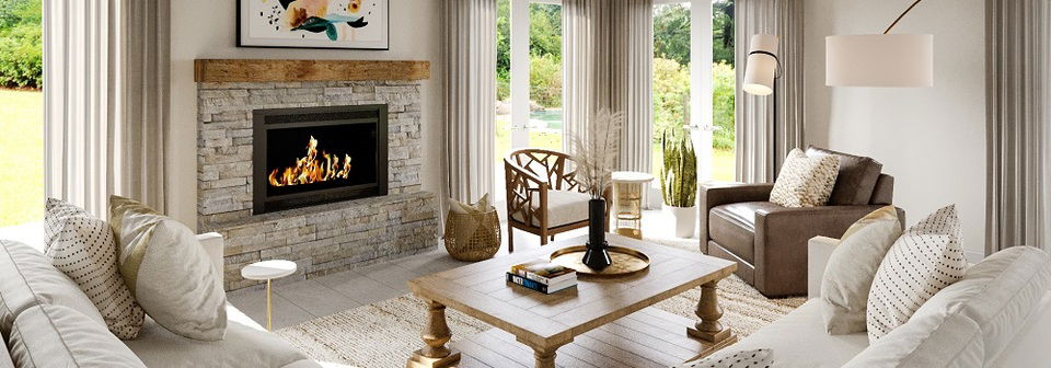 Coastal Living & Dining with Stone Fireplace- After Rendering