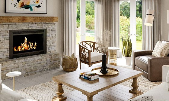 Coastal Living & Dining with Stone Fireplace by top Austin interior designers