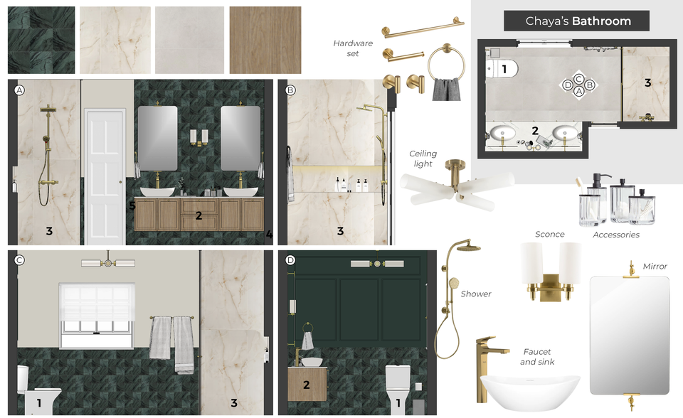 Remodelación de Baño Contemporáneo de Lujo Verde y Oro - Tablero de Inspiración Carine C. 2 miniatura