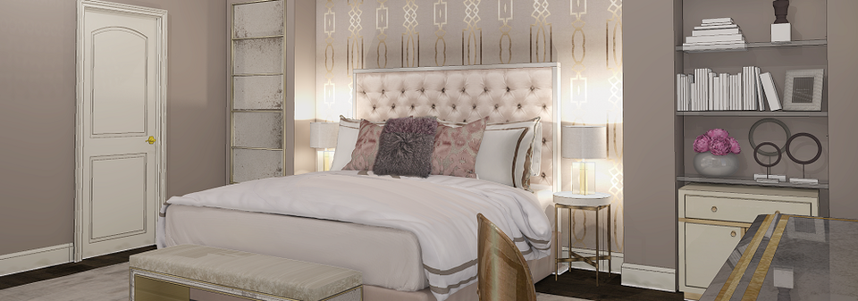 Transformación de dormitorio con acentos dorados elegantes - Renderizado después