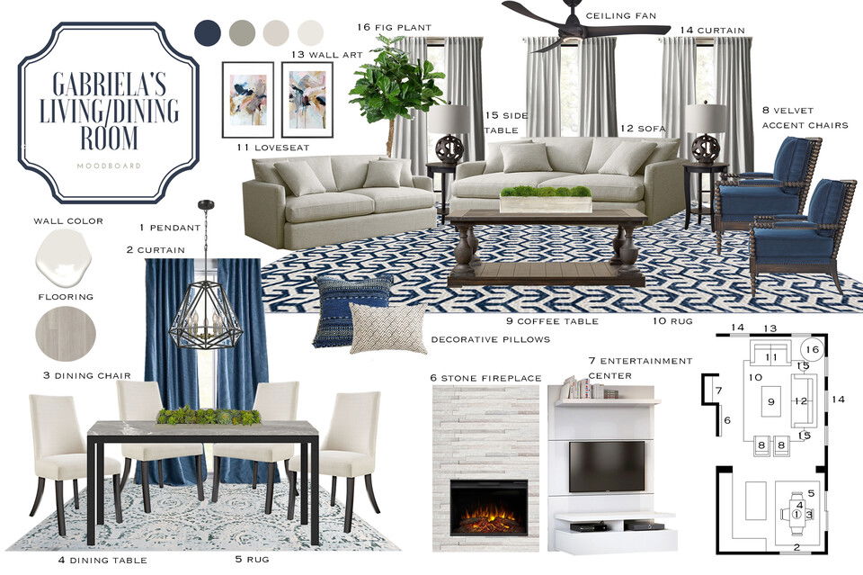 Transitional Combined Living/Dining With Blue Accents MaryBeth C. Moodboard 1 thumb