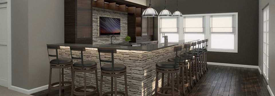 Traditional and comfortable basement bar and living room - After Rendering