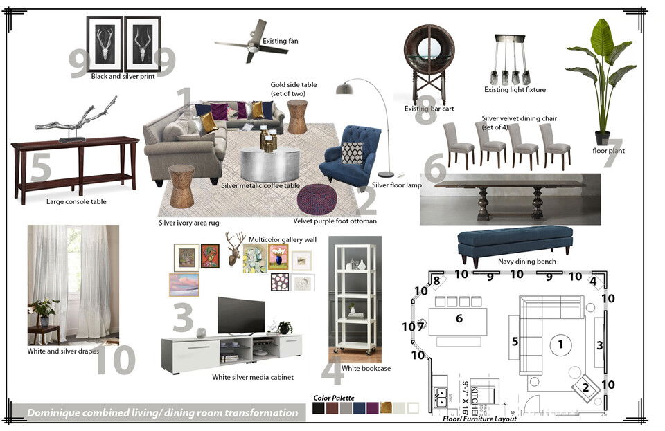 Sala de estar y comedor brillante con decoración transitional Franzi K. Moodboard 2 miniatura