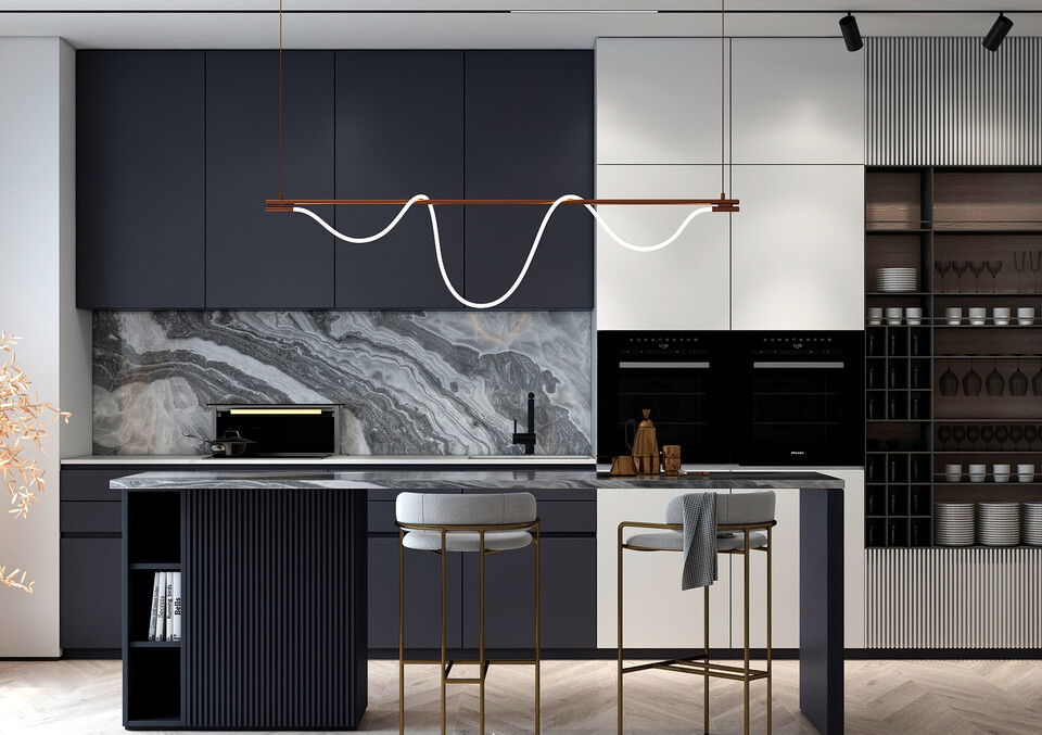 Modern Kitchen Design With Marble & Wood