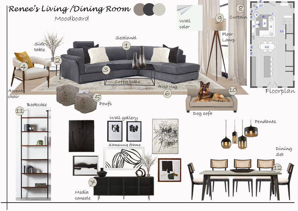 Ideas de Diseño de Interiores Combinadas de Sala-Comedor del Diseñador en Línea