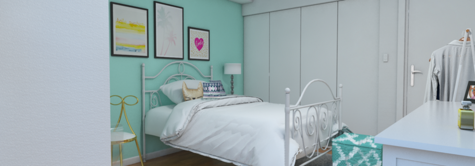 Diseño de Interiores para Habitaciones de Niñas Verde Azulado en Línea- Renderizado Después