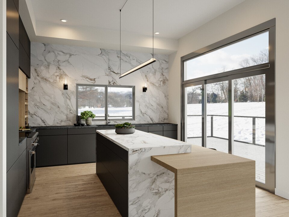 Modern Kitchen with Marbled Accent  Wall