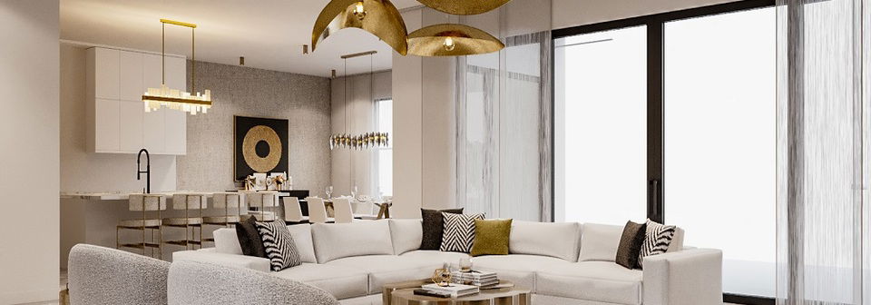 Combined Modern Luxury Living and Dining Room- After Rendering