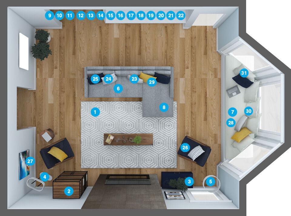 Plano de planta de sala de estar en línea