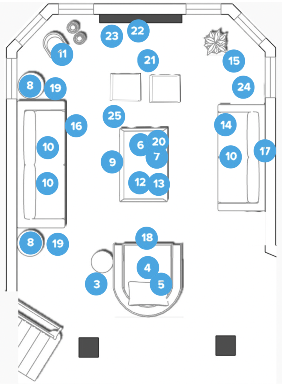Plano de planta de sala de estar en línea