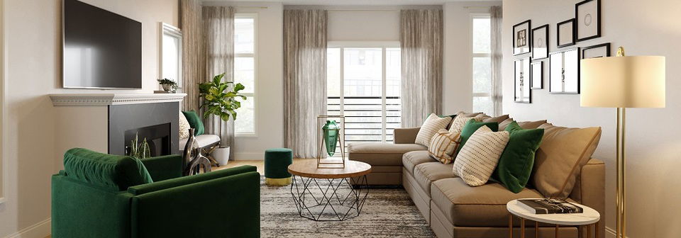 Emerald Green Accent Living Room Design- After Rendering