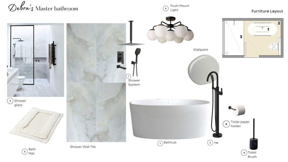 Diseño de interiores del baño principal de transición Nora B. Moodboard 2 thumb