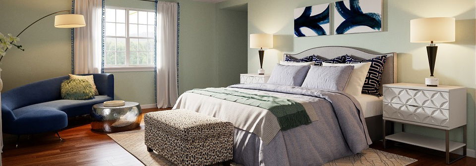Glam Bedroom with Light Green Walls- After Rendering